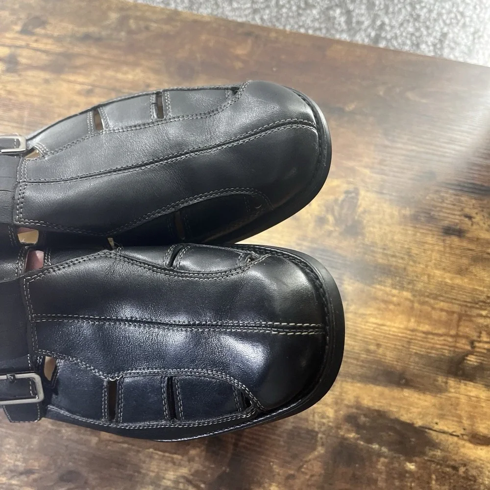 Johnston & Murphy‎ Men's Size 9.5M Black Leather Fisherman Sandals Sheepskin